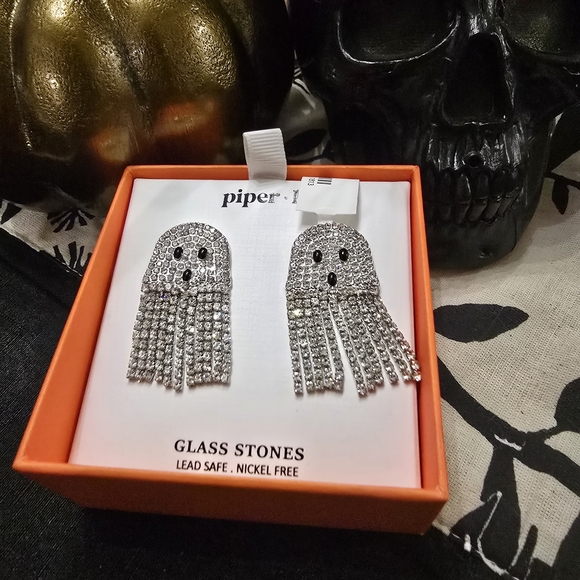 Piper + K Silver Crystal Ghost Earrings Halloween - Picture 2 of 4